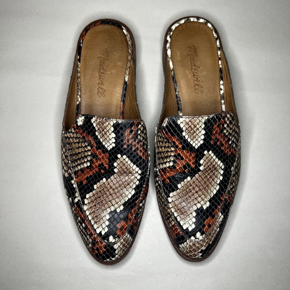 Madewell Snake Print Leather Mules in Black, Brown, Tan